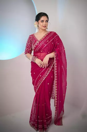 rani pink embroidered satin silk wedding saree