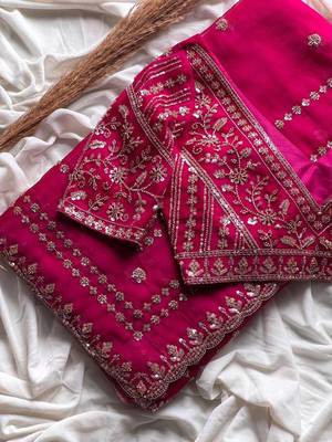 rani pink embroidered satin silk wedding saree 3