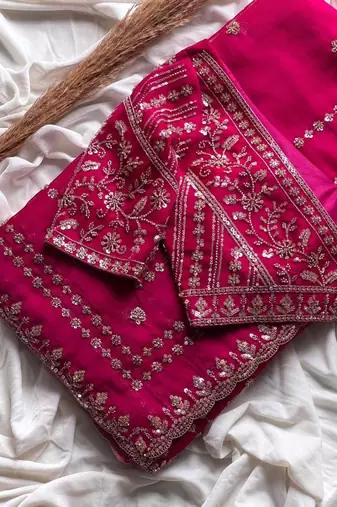 rani pink embroidered satin silk wedding saree