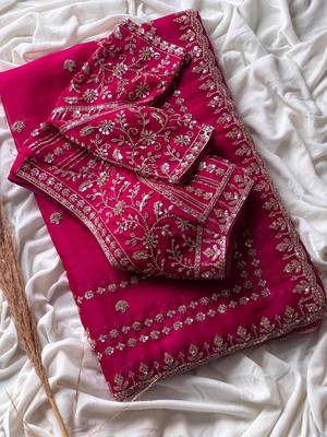 rani pink embroidered satin silk wedding saree 4