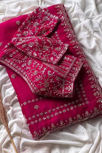 rani pink embroidered satin silk wedding saree