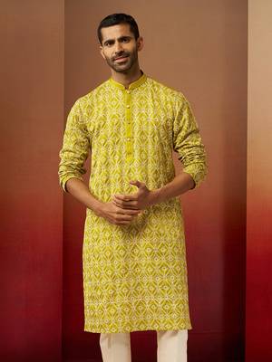 Green linen silk thread embroidered kurta 1