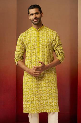 Green linen silk thread embroidered kurta
