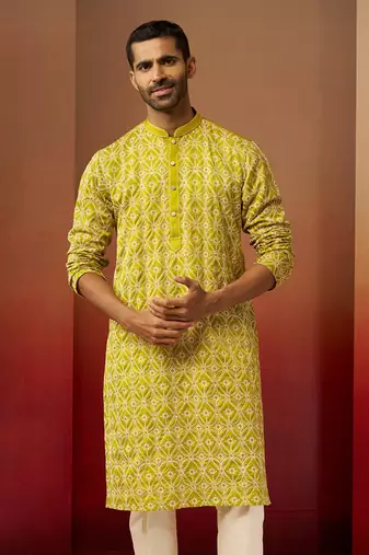 Green linen silk thread embroidered kurta