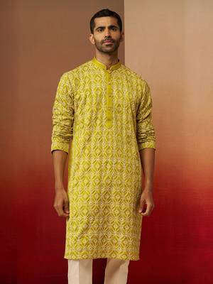 Green linen silk thread embroidered kurta 2