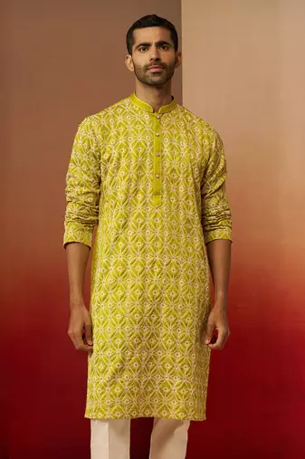 Green linen silk thread embroidered kurta