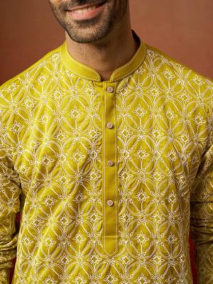 Green linen silk thread embroidered kurta 3