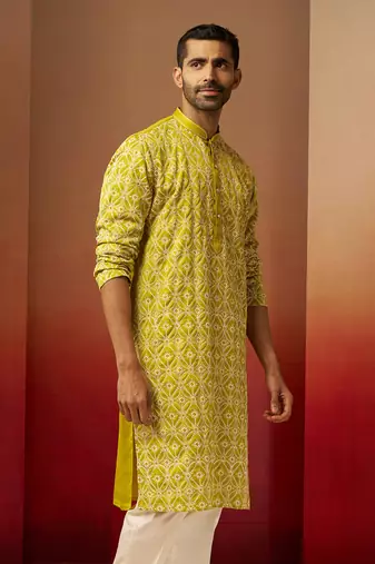 Green linen silk thread embroidered kurta