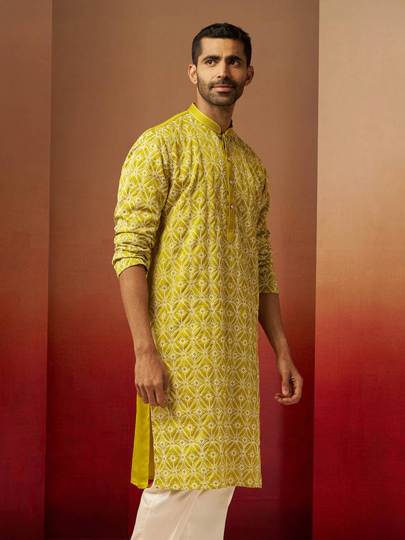 Green linen silk thread embroidered kurta
