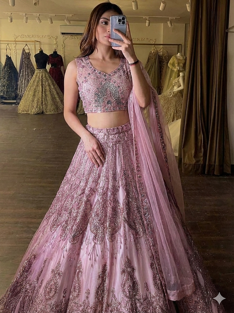 Rose embellished soft net lehenga choli with Dupatta