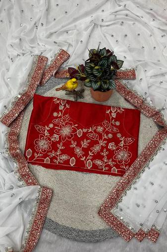 white georgette bridal saree with red embroidered blouse