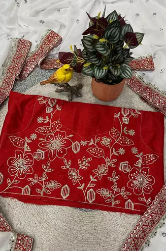 white georgette bridal saree with red embroidered blouse