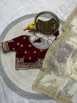 white satin designer saree with maroon embroidered blouse 3