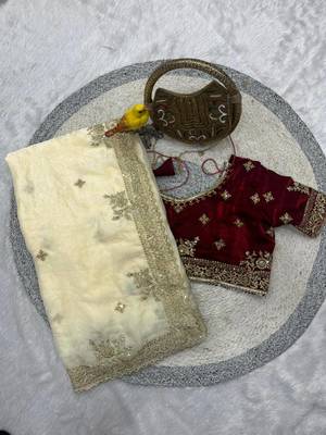 white satin designer saree with maroon embroidered blouse 4