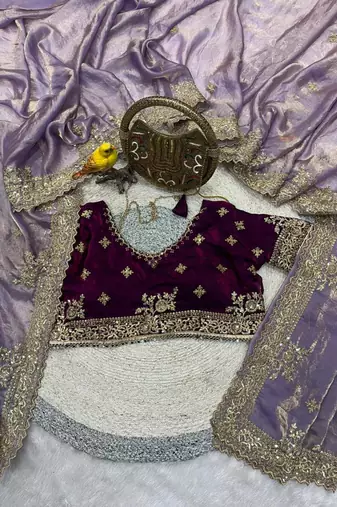 lavender embroidered satin designer saree 