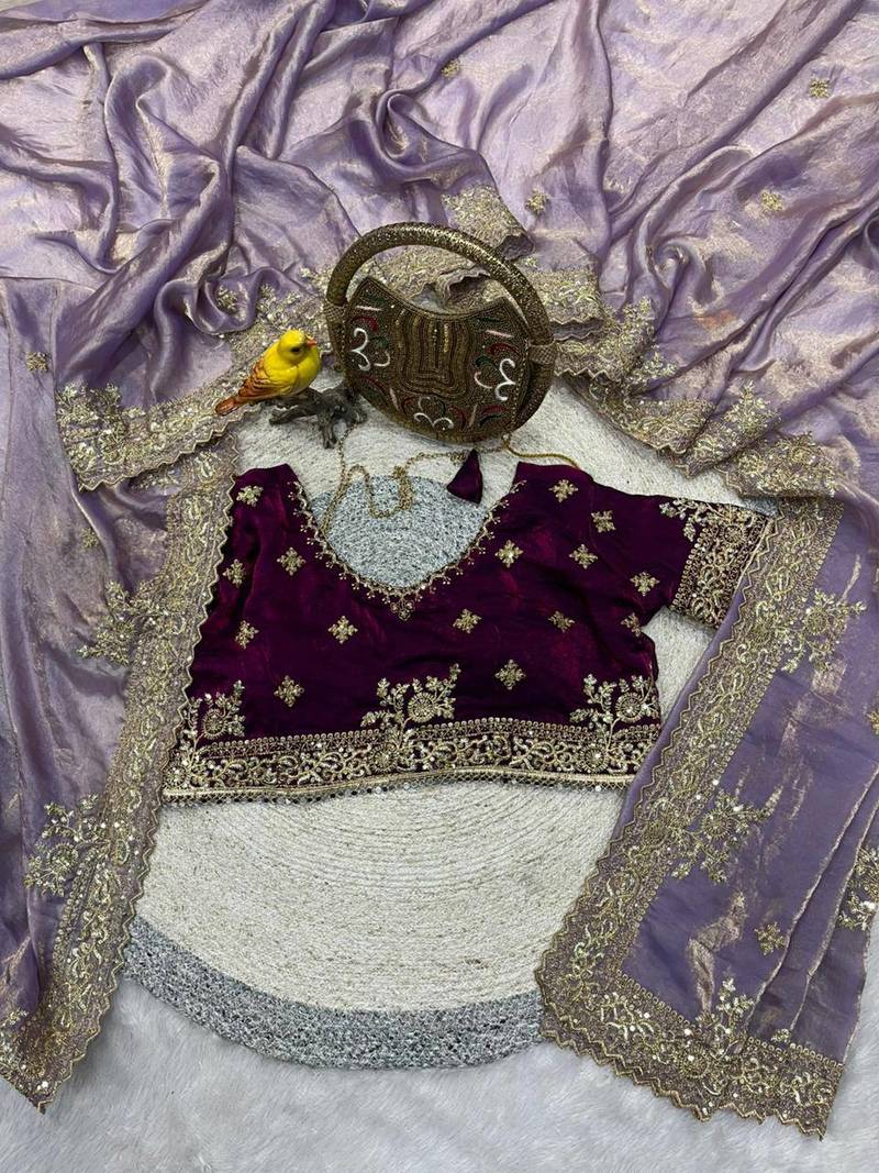 lavender embroidered satin designer saree 