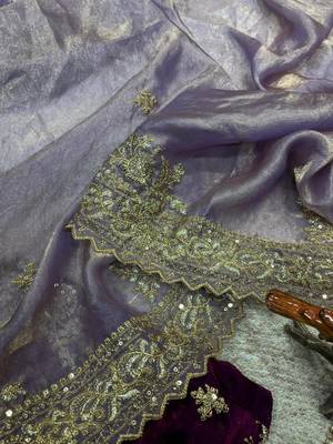 lavender embroidered satin designer saree  2