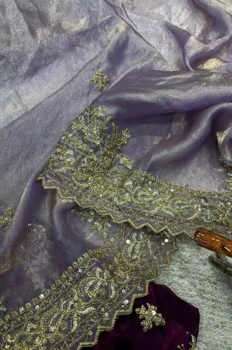 lavender embroidered satin designer saree 