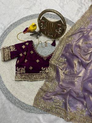 lavender embroidered satin designer saree  3