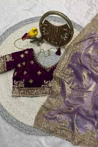 lavender embroidered satin designer saree 