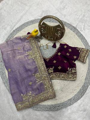 lavender embroidered satin designer saree  4