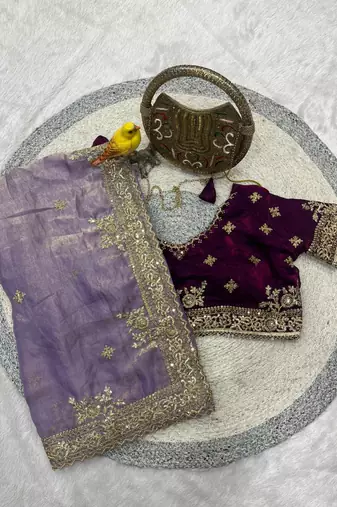 lavender embroidered satin designer saree 