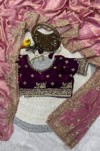 pink embroidered satin silk designer saree set