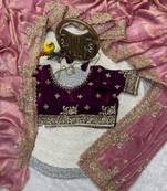 pink embroidered satin silk designer saree set