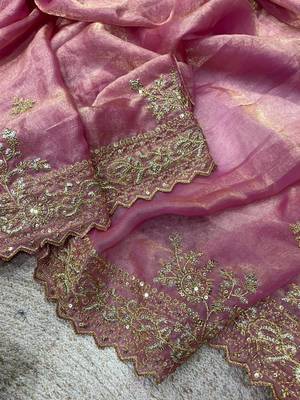 pink embroidered satin silk designer saree set 2