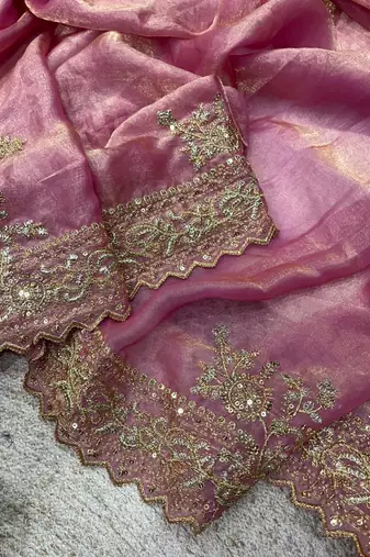 pink embroidered satin silk designer saree set
