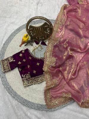 pink embroidered satin silk designer saree set 3