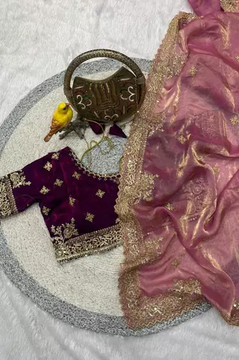 pink embroidered satin silk designer saree set
