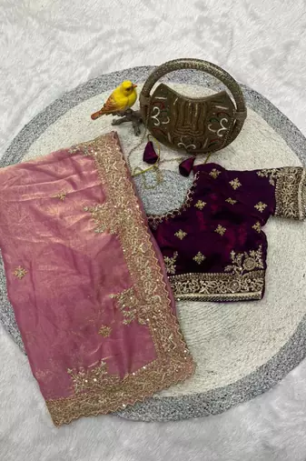 pink embroidered satin silk designer saree set