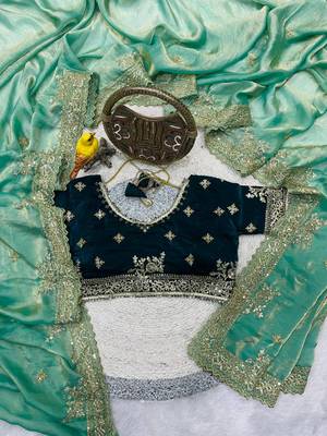 green embroidered satin silk designer saree 1