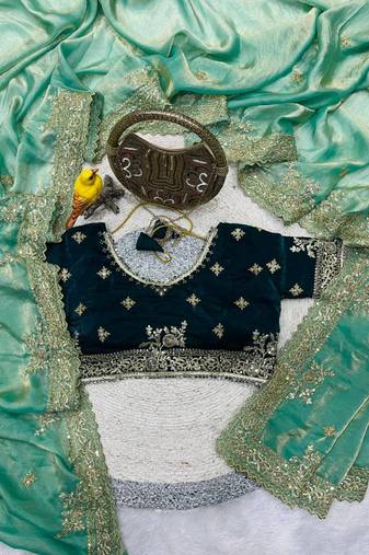 green embroidered satin silk designer saree