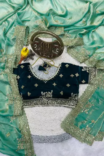 green embroidered satin silk designer saree