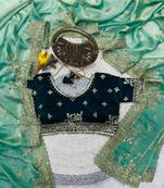 green embroidered satin silk designer saree