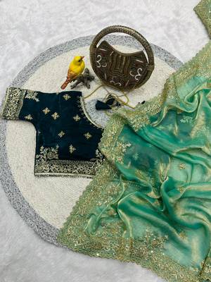 green embroidered satin silk designer saree 2