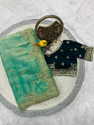 green embroidered satin silk designer saree 3
