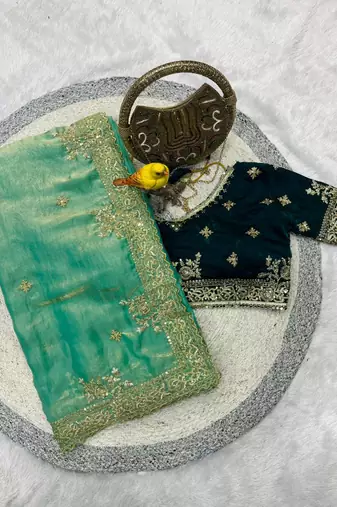 green embroidered satin silk designer saree