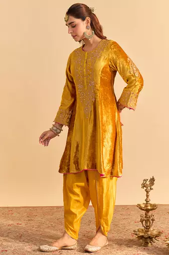 Yellow embroidered velvet kurta set