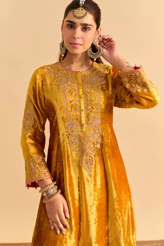 Yellow embroidered velvet kurta set