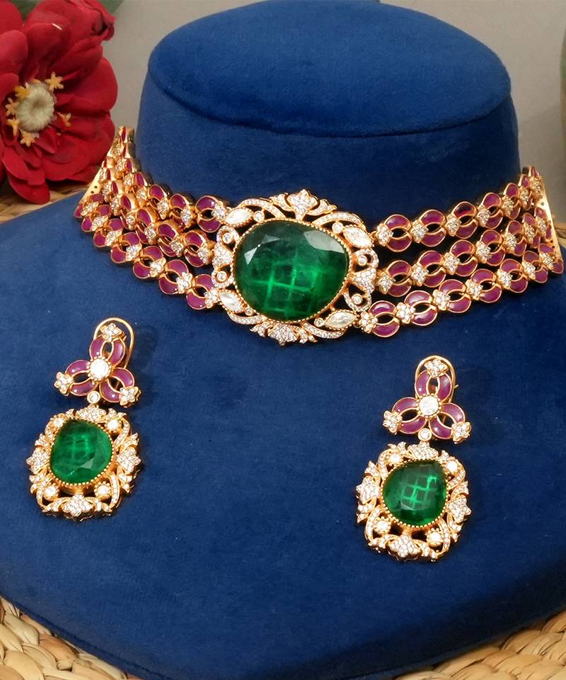 Gold plated kundan multicolor stones choker necklace set