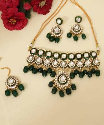 Gold plated kundan green stones choker necklace set 1