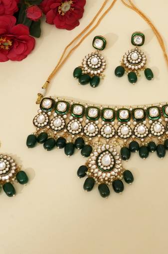 Gold plated kundan green stones choker necklace set