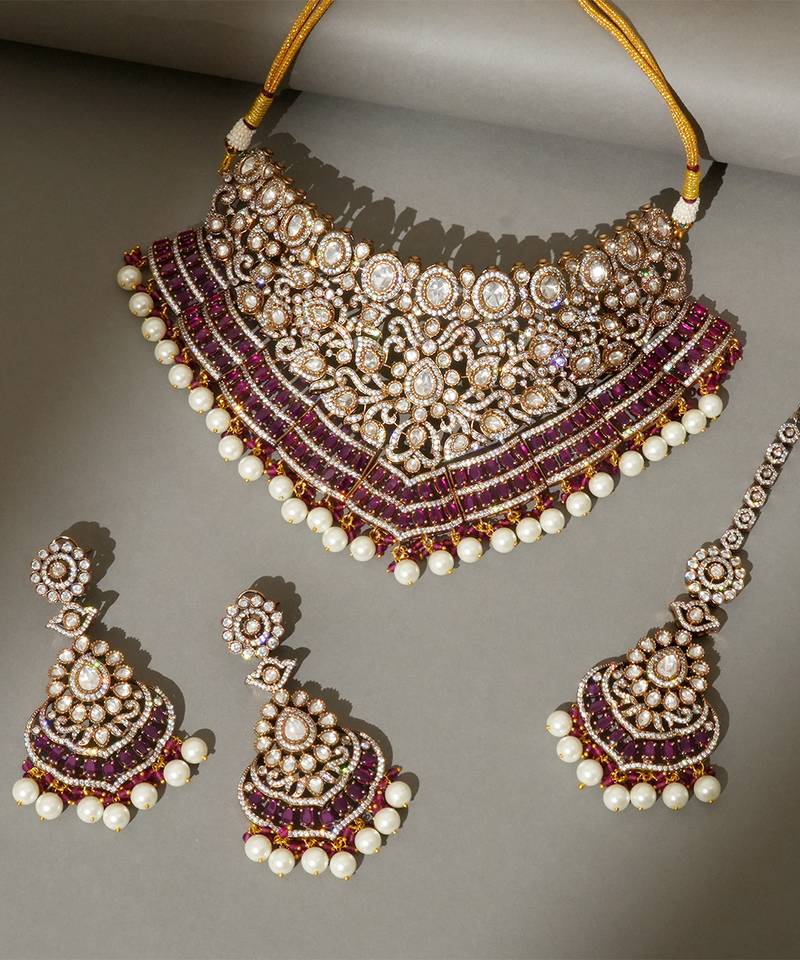 Gold plated kundan red stones necklace set
