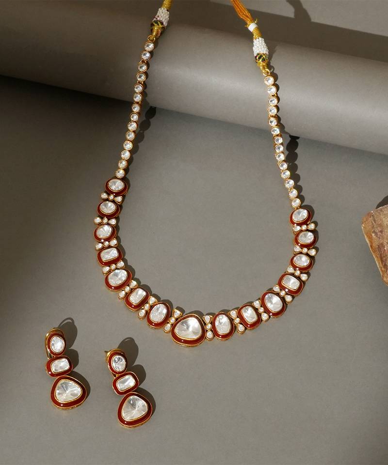 Gold plated kundan red enamel necklace set