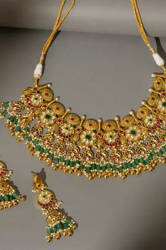 Gold plated kundan multicolor stones necklace set
