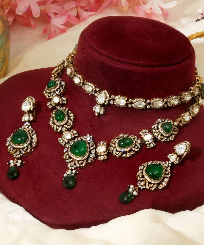 Gold plated kundan green stones necklace set