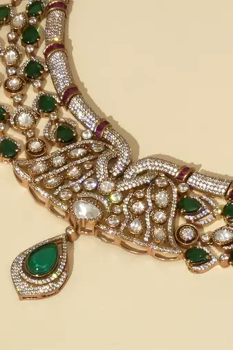 Gold plated kundan green stones necklace set